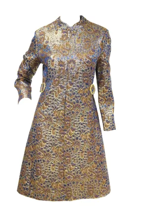1960s Iridescent Blue and Brown Floral Brocade Mod Dress