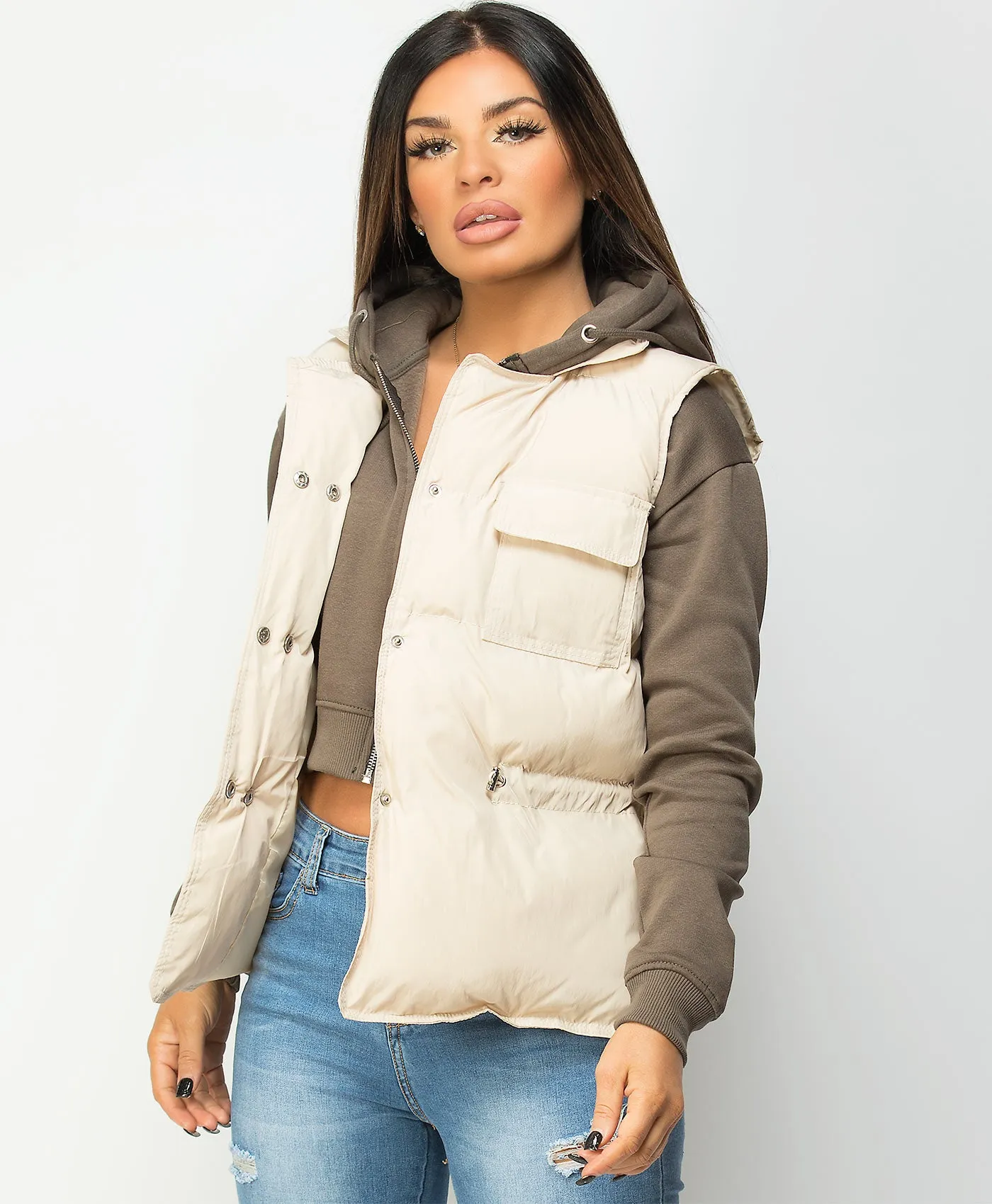Beige Drawstring Waist Quilted Gilet Bodywarmer