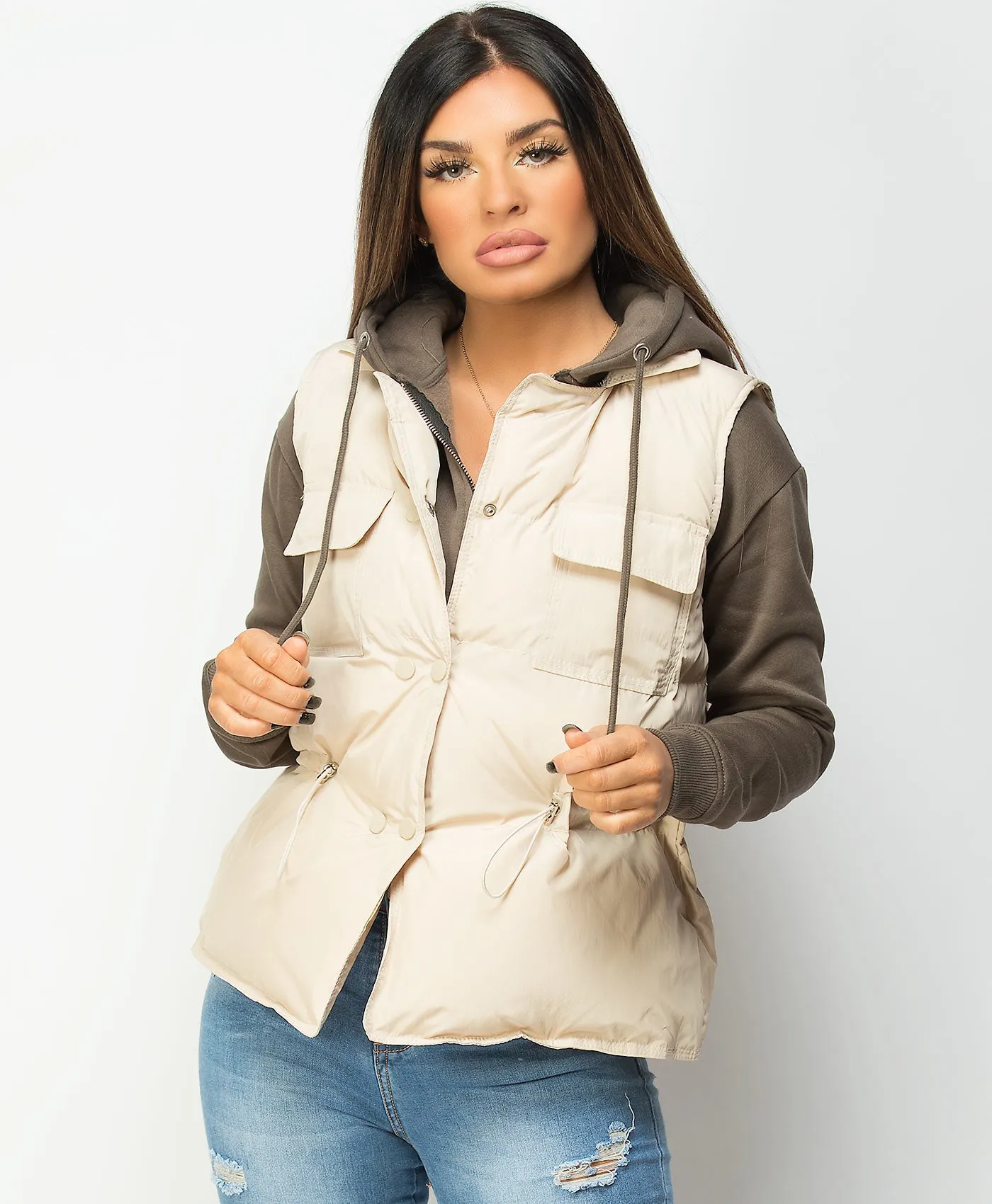 Beige Drawstring Waist Quilted Gilet Bodywarmer