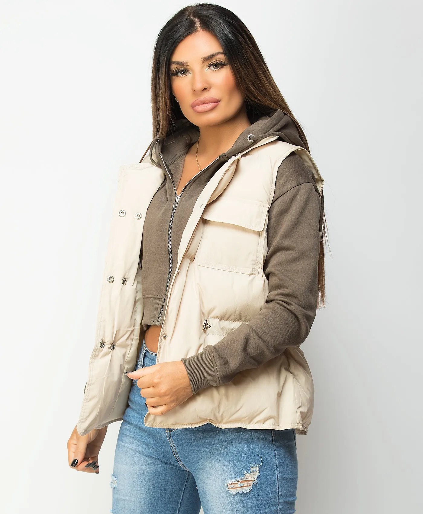 Beige Drawstring Waist Quilted Gilet Bodywarmer
