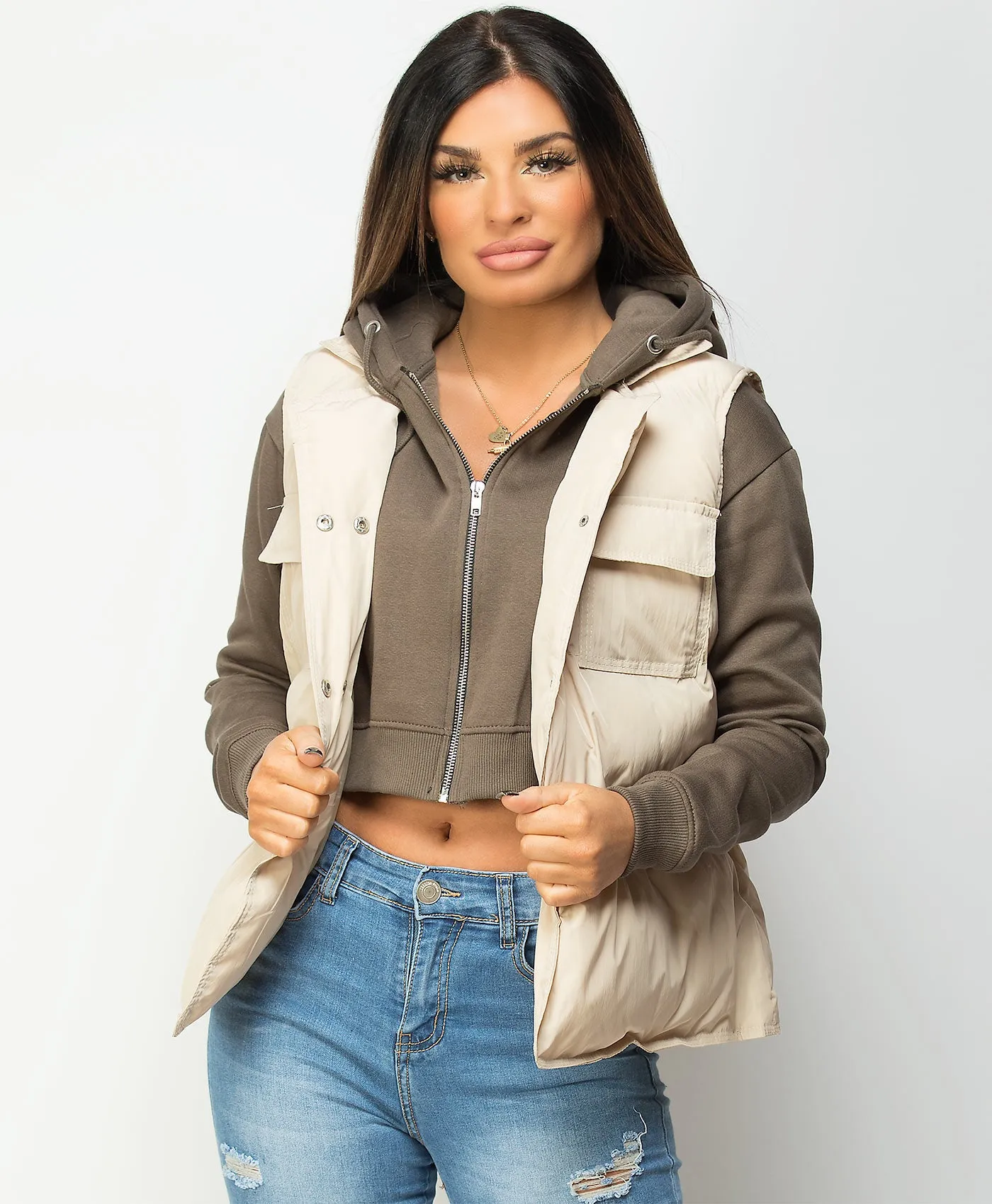 Beige Drawstring Waist Quilted Gilet Bodywarmer