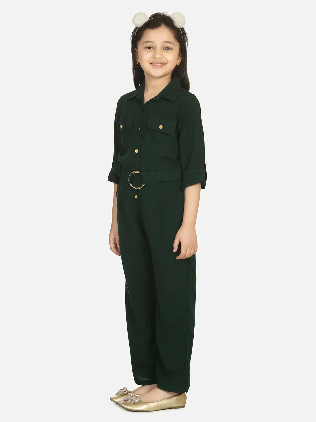 Bottle Green Golden Button Formal Jumpsuit