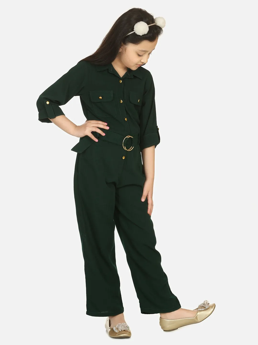Bottle Green Golden Button Formal Jumpsuit