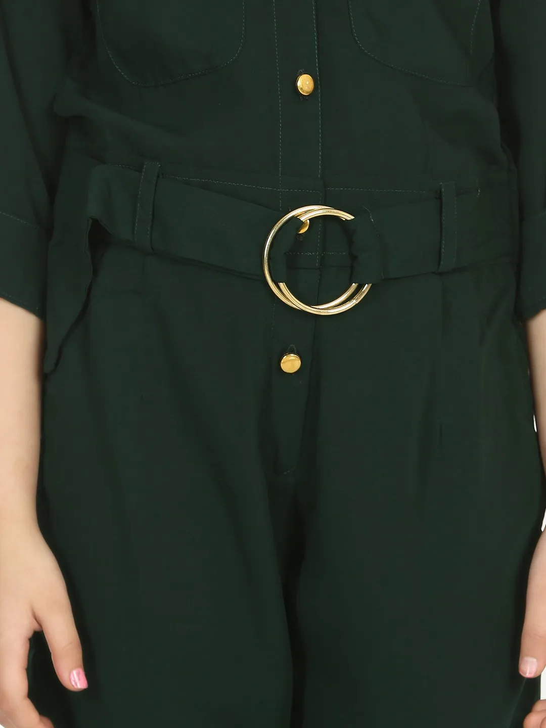Bottle Green Golden Button Formal Jumpsuit