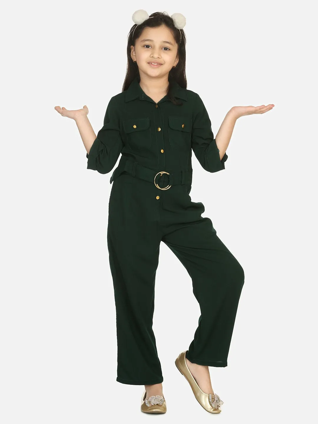 Bottle Green Golden Button Formal Jumpsuit