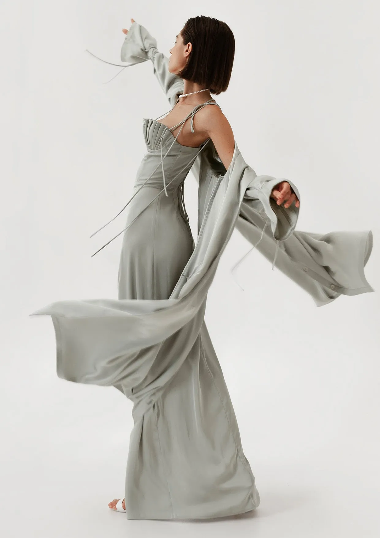 Collared Satin Midi-Length Jacket