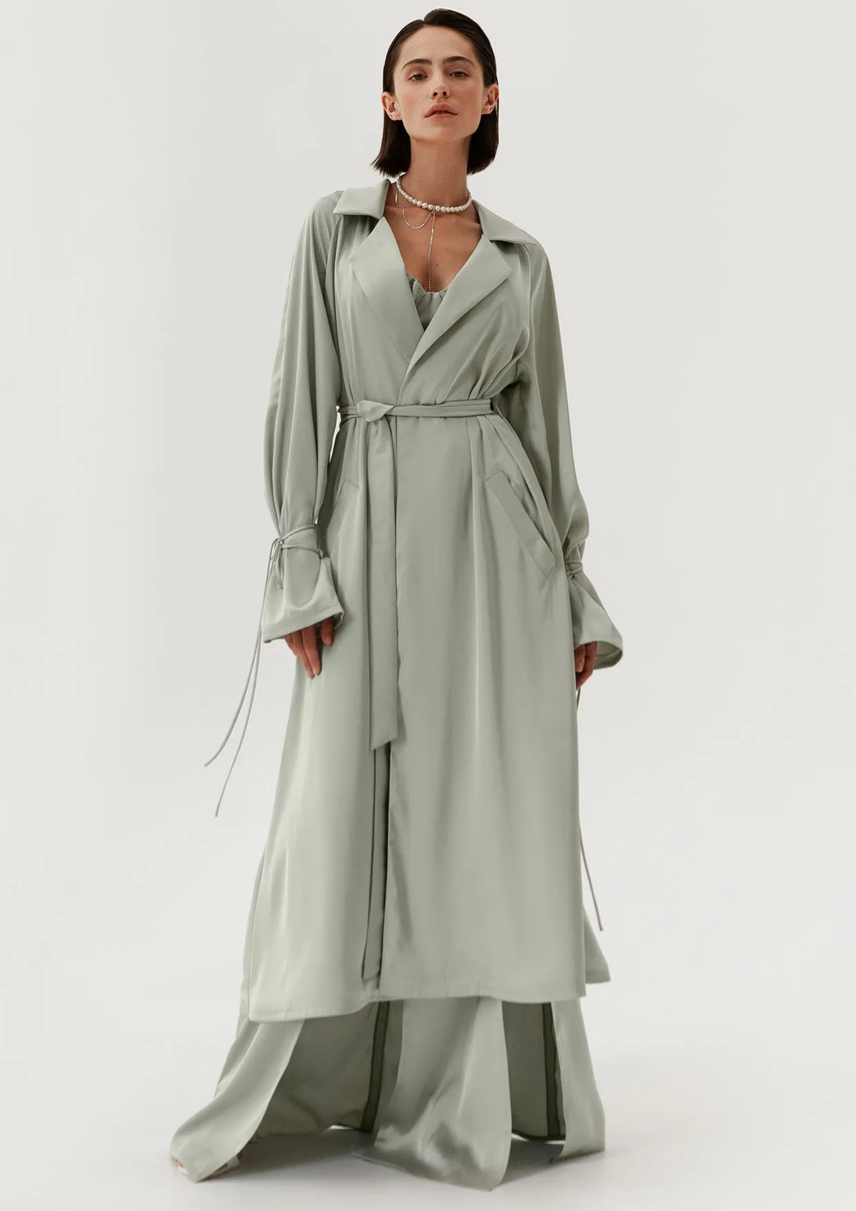 Collared Satin Midi-Length Jacket