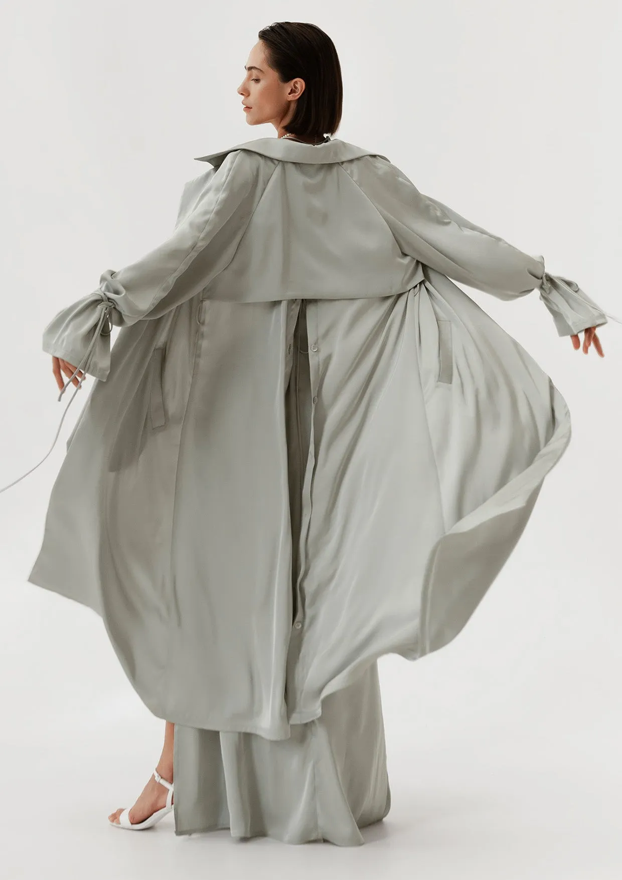 Collared Satin Midi-Length Jacket