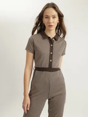 Elle Women Brown Printed Spread Collar Short Sleeves Jumpsuit