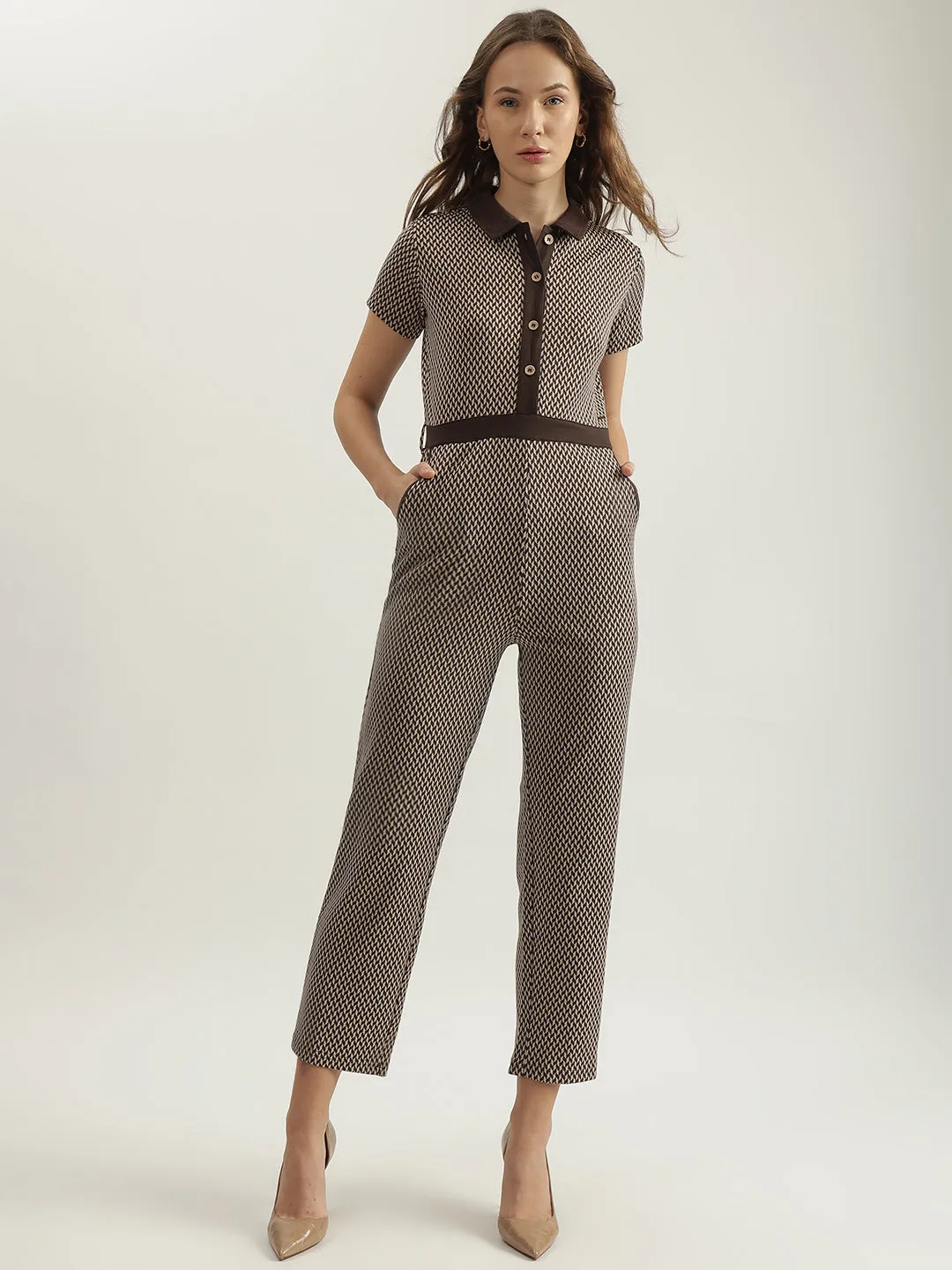 Elle Women Brown Printed Spread Collar Short Sleeves Jumpsuit
