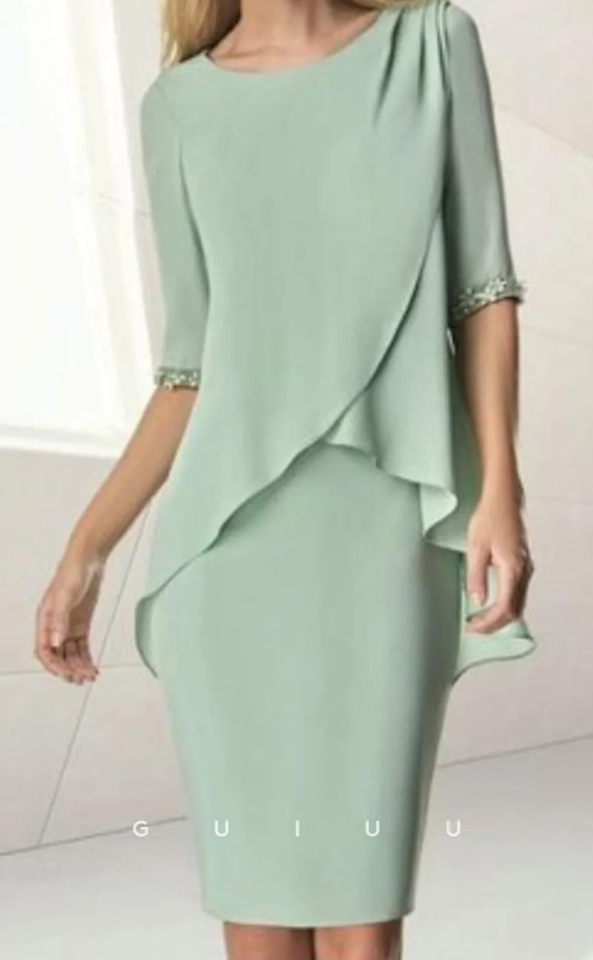 GM080 -  Sheath Jewel Neck Half Sleeves Knee Length Ruffles Chiffon Mother of the Bride Dress