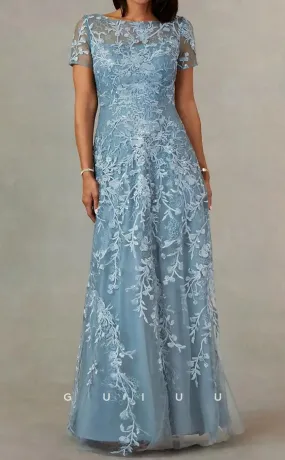 GM107 - Sheath Jewel Neck Short Sleeves Floor Length Fully Appliqued Tulle Mother of the Bride Dress