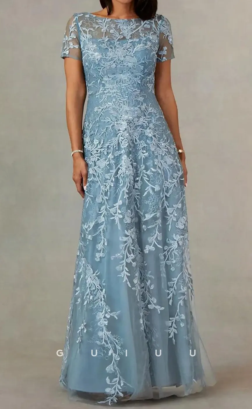 GM107 - Sheath Jewel Neck Short Sleeves Floor Length Fully Appliqued Tulle Mother of the Bride Dress