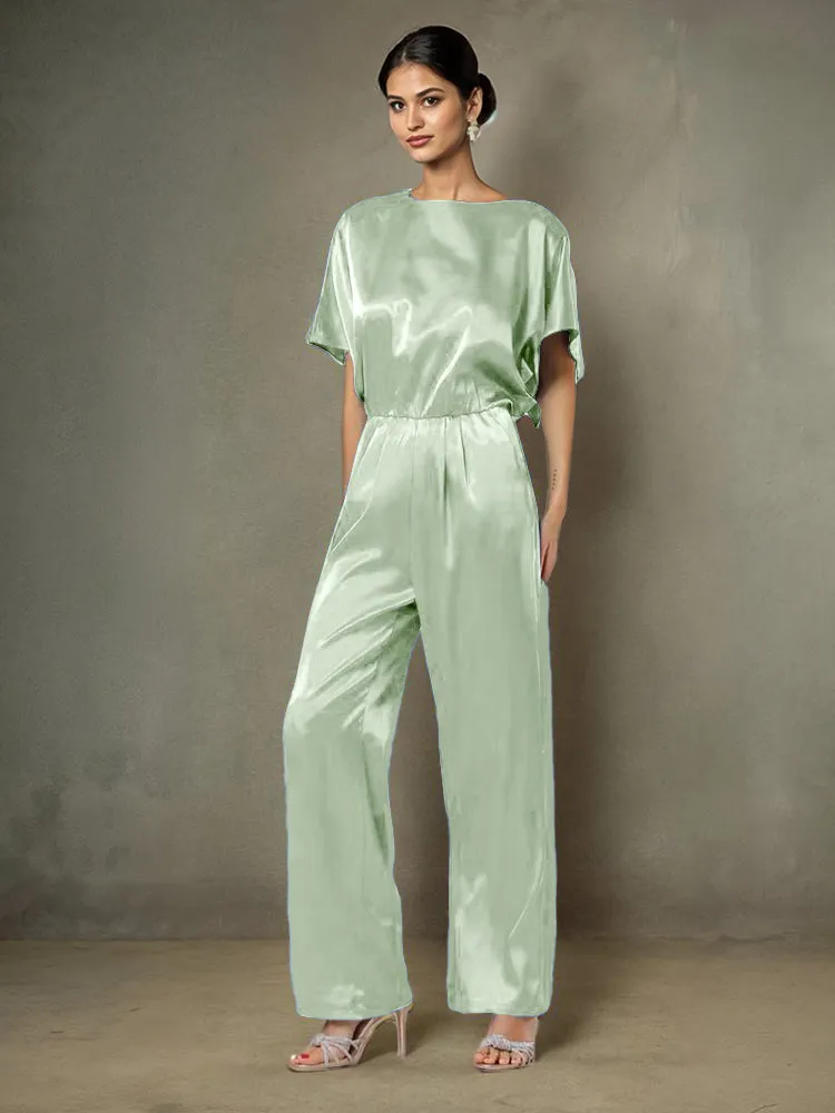 Jumpsuit/Pantsuit Round Neck Half Sleeves Soft Satin Mother Of The Bride Dress Pants Suits With Belt