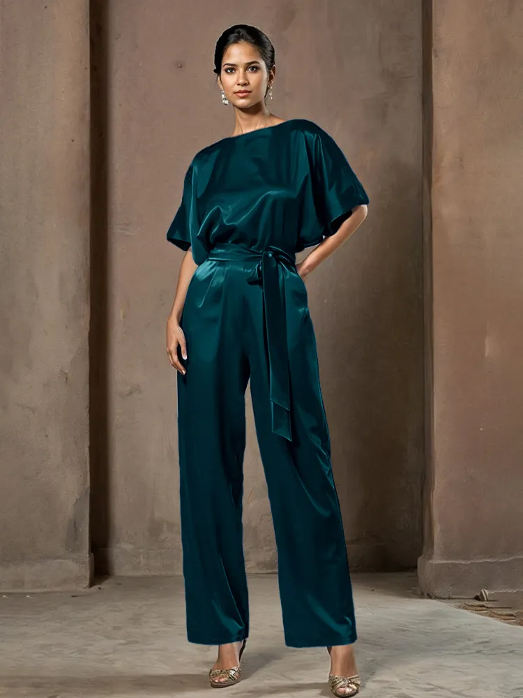 Jumpsuit/Pantsuit Round Neck Half Sleeves Soft Satin Mother Of The Bride Dress Pants Suits With Belt