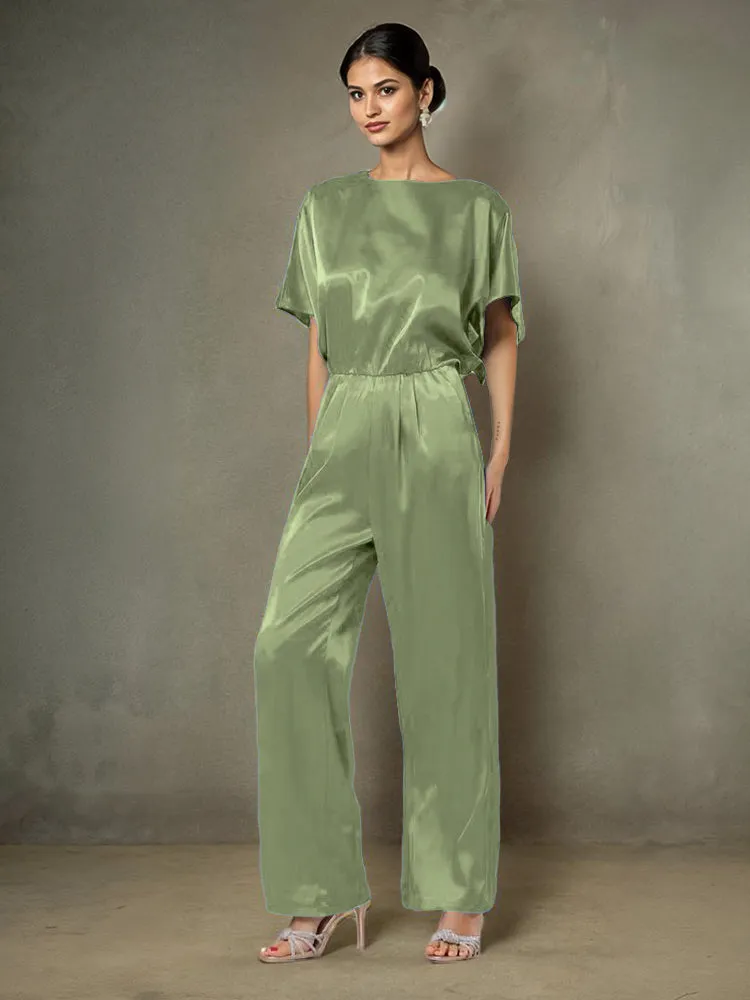 Jumpsuit/Pantsuit Round Neck Half Sleeves Soft Satin Mother Of The Bride Dress Pants Suits With Belt