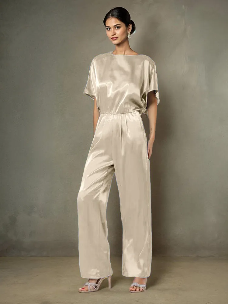 Jumpsuit/Pantsuit Round Neck Half Sleeves Soft Satin Mother Of The Bride Dress Pants Suits With Belt