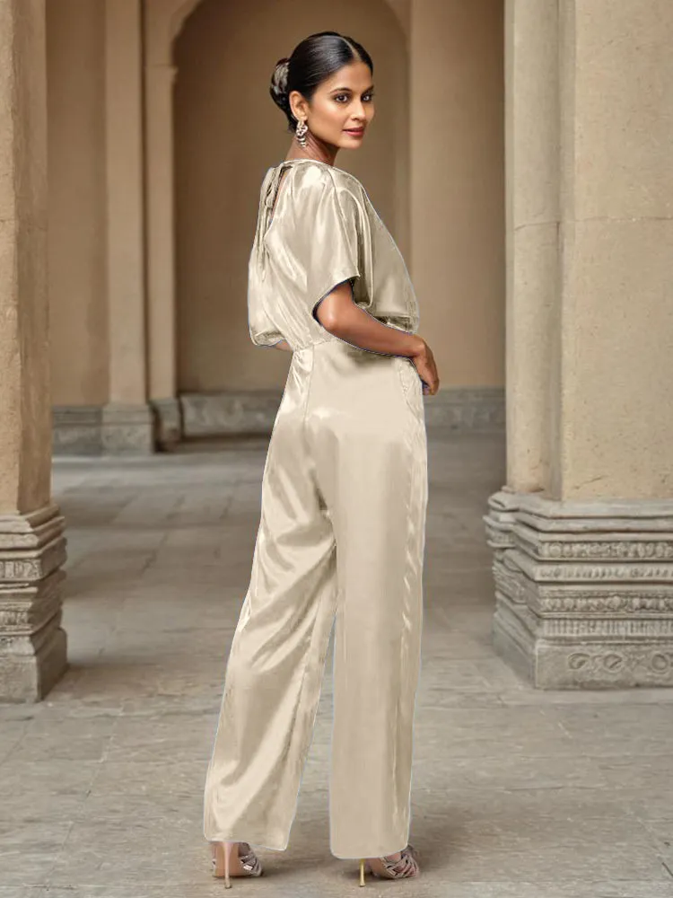 Jumpsuit/Pantsuit Round Neck Half Sleeves Soft Satin Mother Of The Bride Dress Pants Suits With Belt