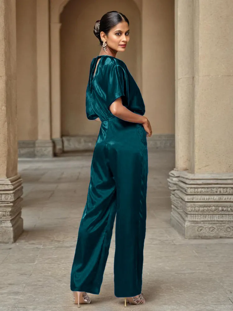 Jumpsuit/Pantsuit Round Neck Half Sleeves Soft Satin Mother Of The Bride Dress Pants Suits With Belt