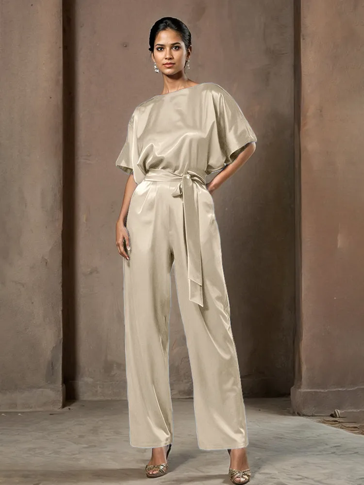 Jumpsuit/Pantsuit Round Neck Half Sleeves Soft Satin Mother Of The Bride Dress Pants Suits With Belt