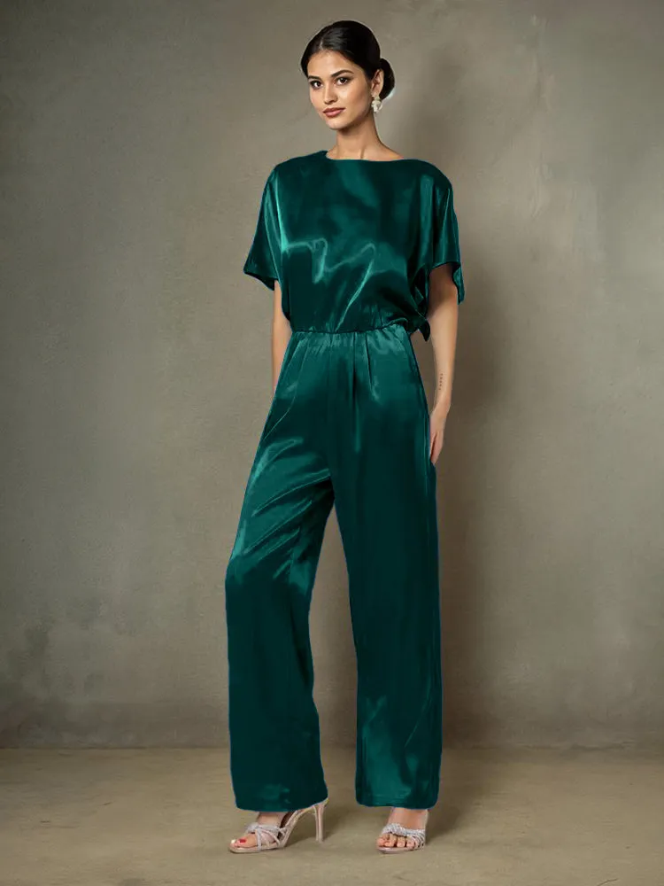 Jumpsuit/Pantsuit Round Neck Half Sleeves Soft Satin Mother Of The Bride Dress Pants Suits With Belt