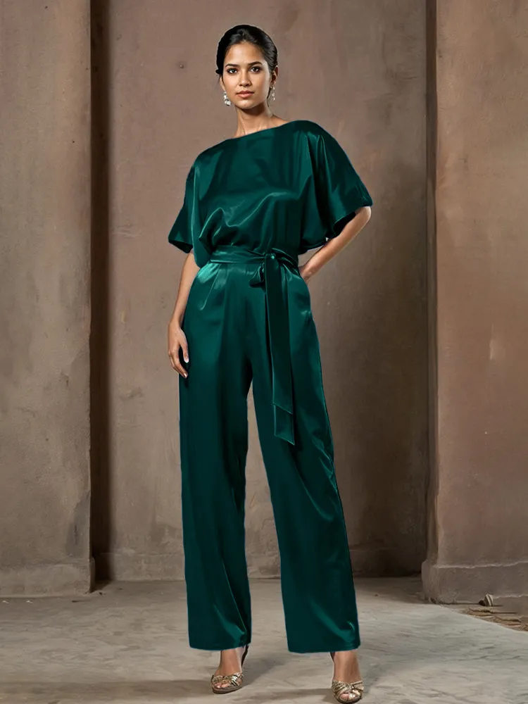 Jumpsuit/Pantsuit Round Neck Half Sleeves Soft Satin Mother Of The Bride Dress Pants Suits With Belt