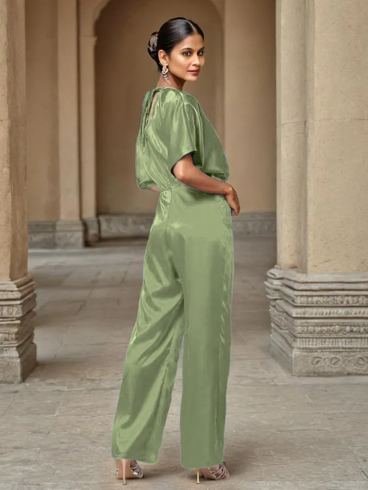 Jumpsuit/Pantsuit Round Neck Half Sleeves Soft Satin Mother Of The Bride Dress Pants Suits With Belt