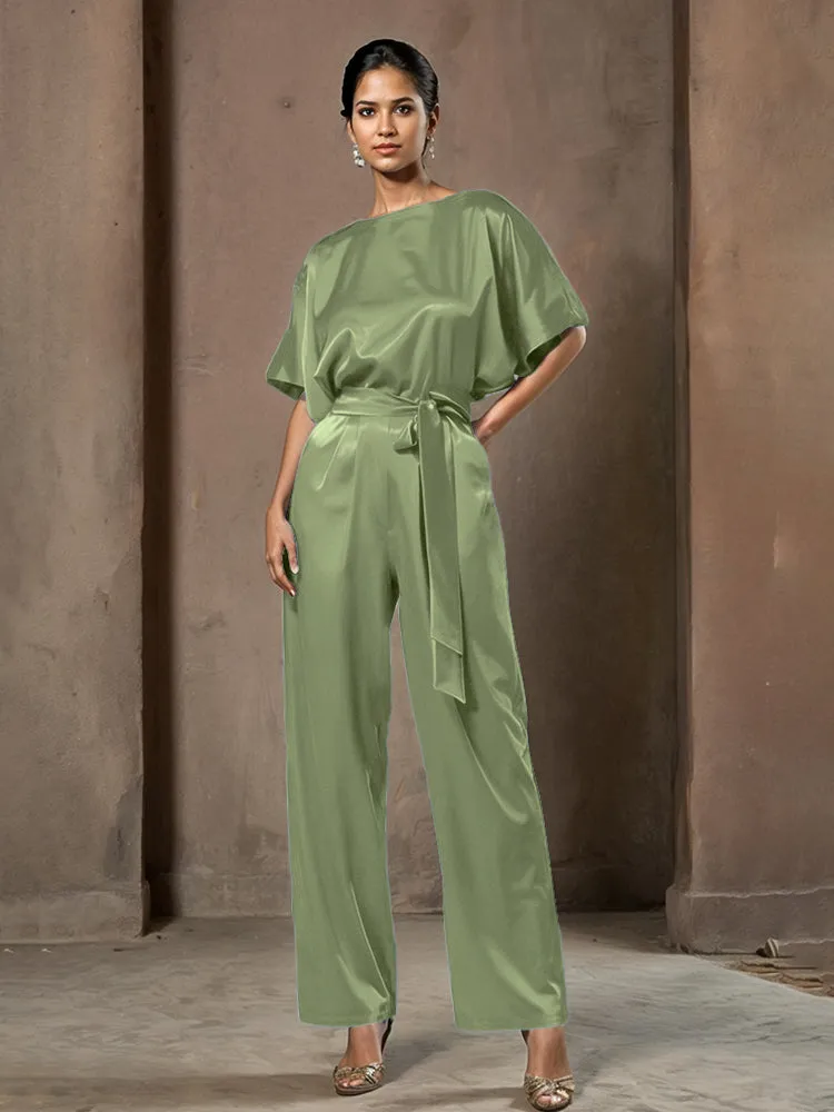 Jumpsuit/Pantsuit Round Neck Half Sleeves Soft Satin Mother Of The Bride Dress Pants Suits With Belt