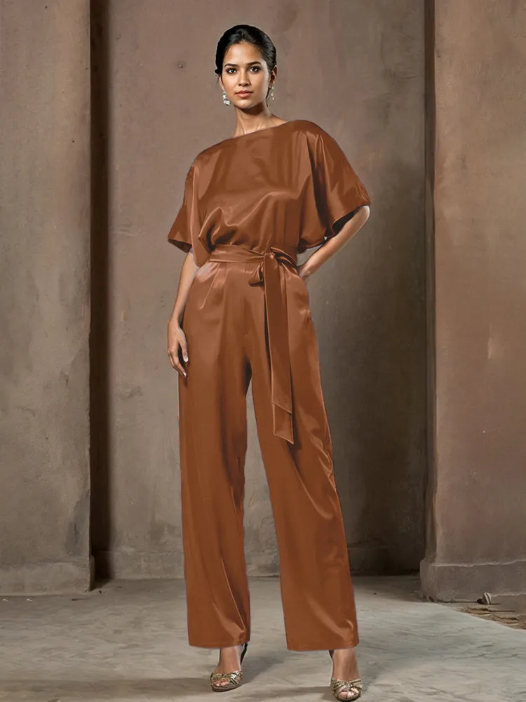 Jumpsuit/Pantsuit Round Neck Half Sleeves Soft Satin Mother Of The Bride Dress Pants Suits With Belt