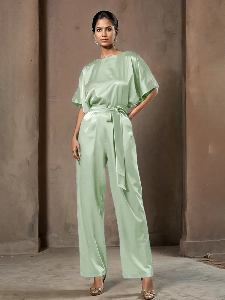 Jumpsuit/Pantsuit Round Neck Half Sleeves Soft Satin Mother Of The Bride Dress Pants Suits With Belt