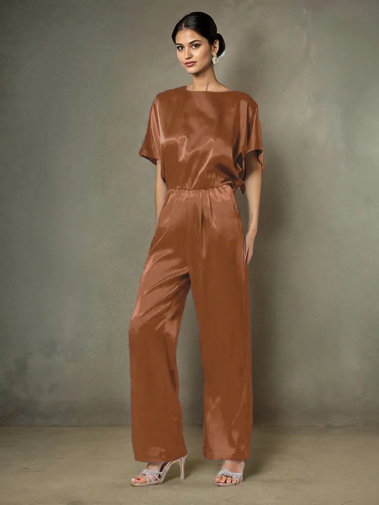 Jumpsuit/Pantsuit Round Neck Half Sleeves Soft Satin Mother Of The Bride Dress Pants Suits With Belt