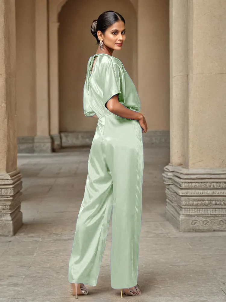 Jumpsuit/Pantsuit Round Neck Half Sleeves Soft Satin Mother Of The Bride Dress Pants Suits With Belt