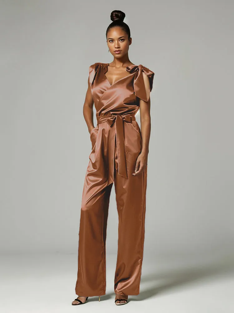 Jumpsuit/Pantsuit V-Neck Cap Sleeves Soft Satin Mother Of The Bride Dress Pants Suits With Belt