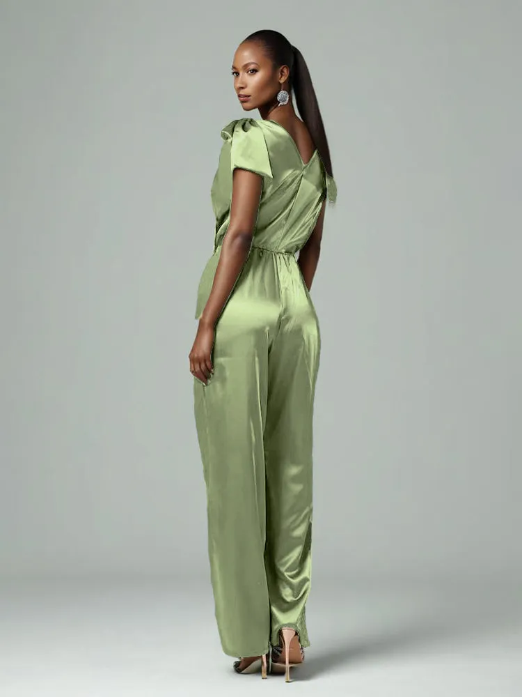 Jumpsuit/Pantsuit V-Neck Cap Sleeves Soft Satin Mother Of The Bride Dress Pants Suits With Belt