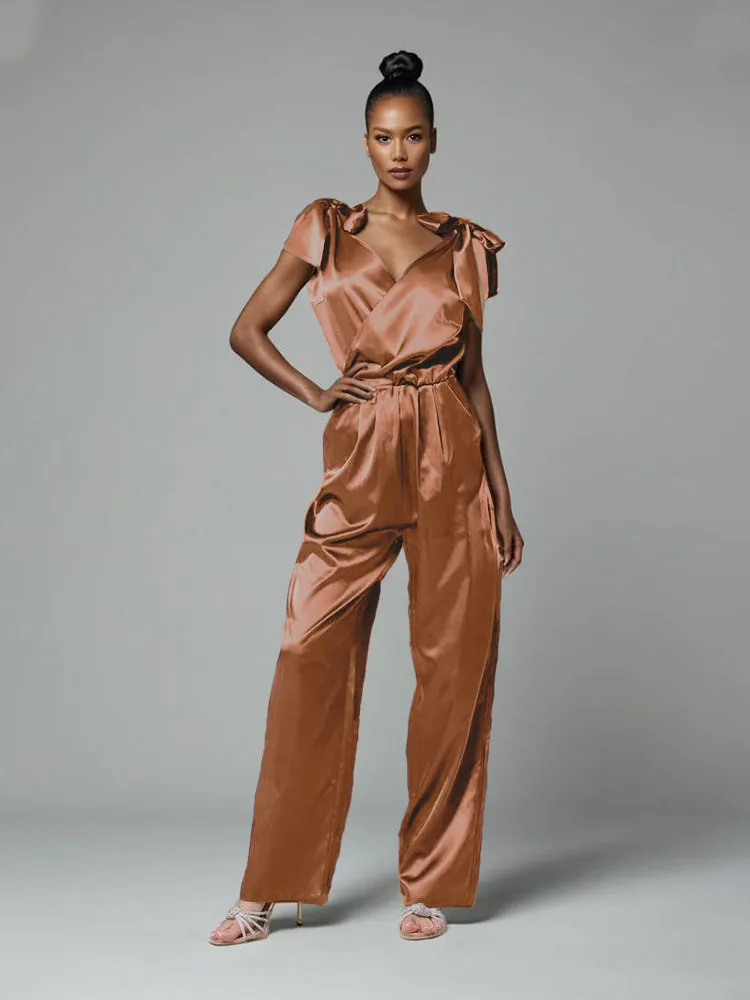 Jumpsuit/Pantsuit V-Neck Cap Sleeves Soft Satin Mother Of The Bride Dress Pants Suits With Belt