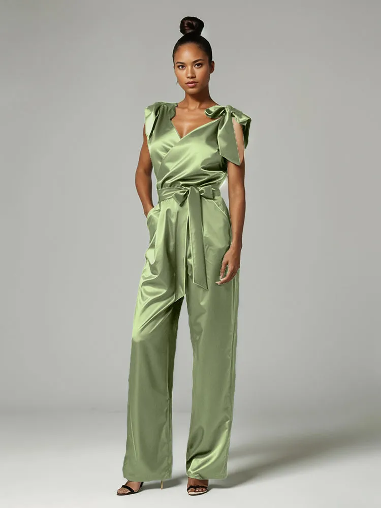 Jumpsuit/Pantsuit V-Neck Cap Sleeves Soft Satin Mother Of The Bride Dress Pants Suits With Belt
