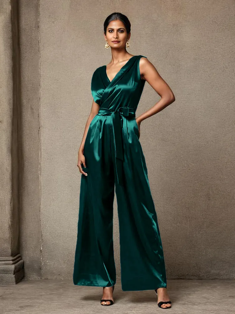 Jumpsuit/Pantsuit V-Neck Sleeveless Ruched Soft Satin Mother Of The Bride Dress Pants Suits