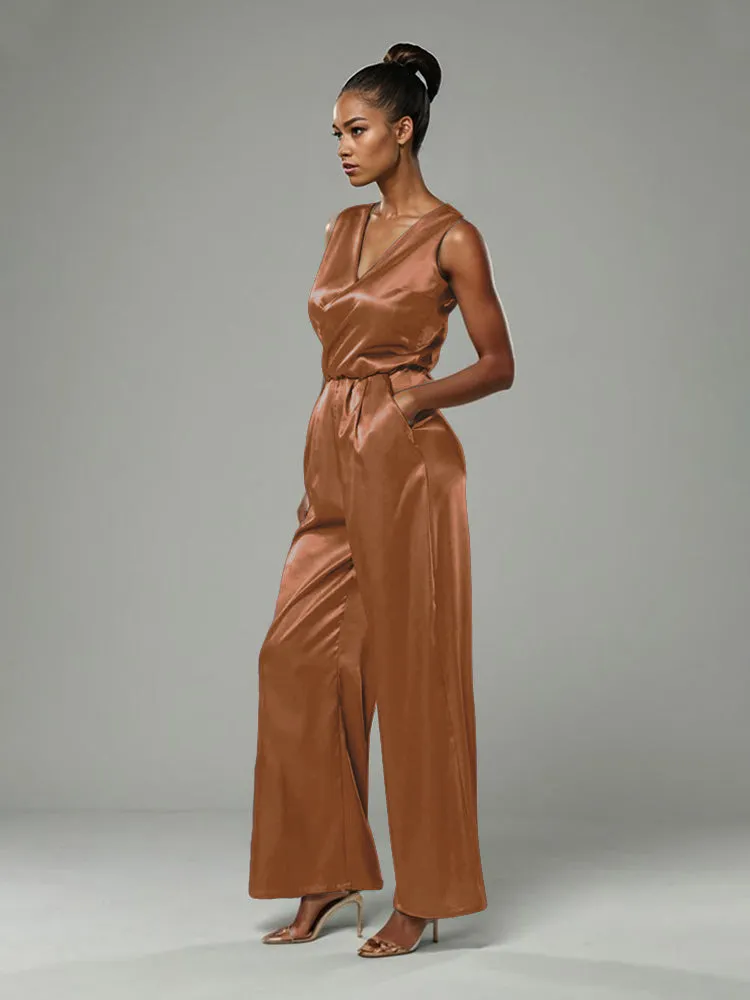 Jumpsuit/Pantsuit V-Neck Sleeveless Soft Satin Mother Of The Bride Dress Pants Suits With Tie