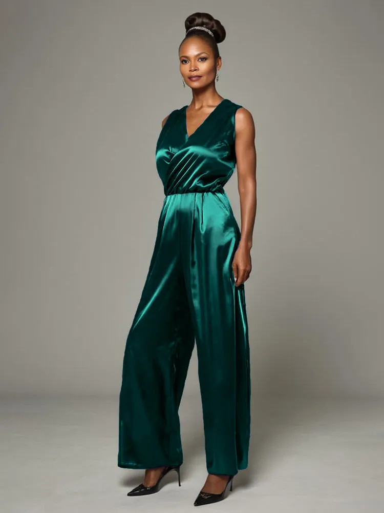 Jumpsuit/Pantsuit V-Neck Sleeveless Soft Satin Mother Of The Bride Dress Pants Suits