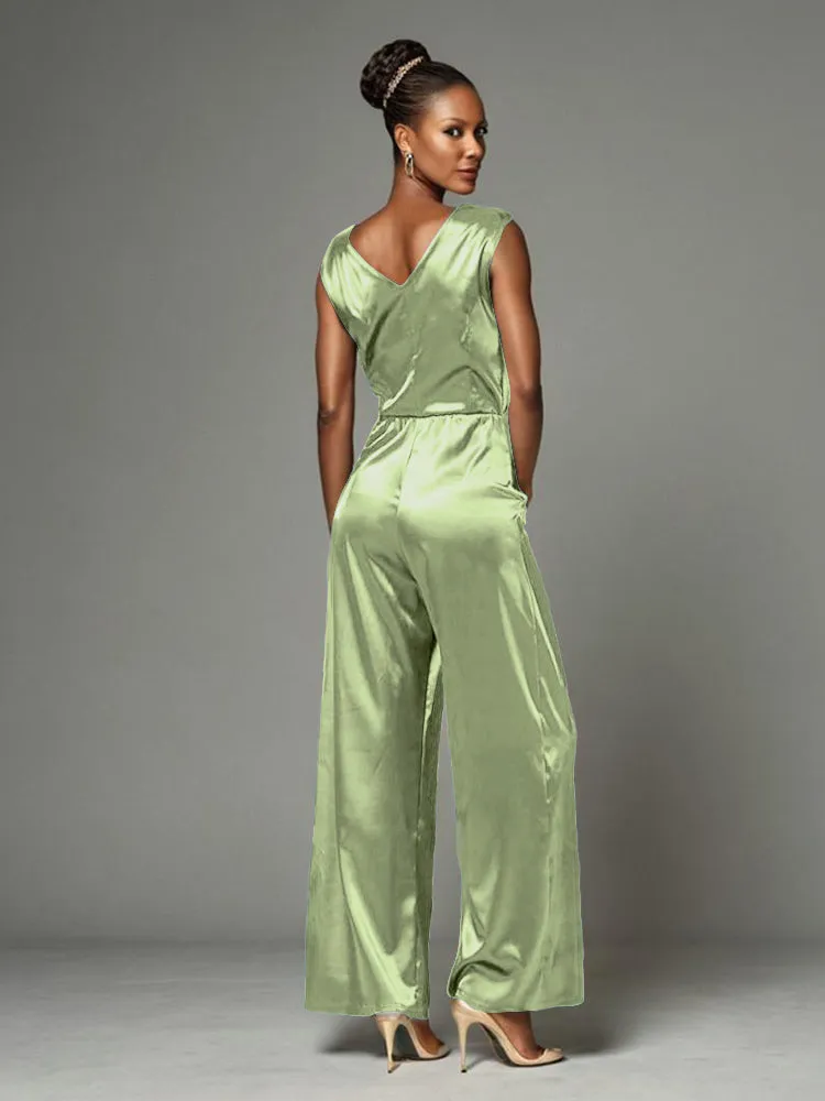 Jumpsuit/Pantsuit V-Neck Soft Satin Mother Of The Bride Dress Pants Suits