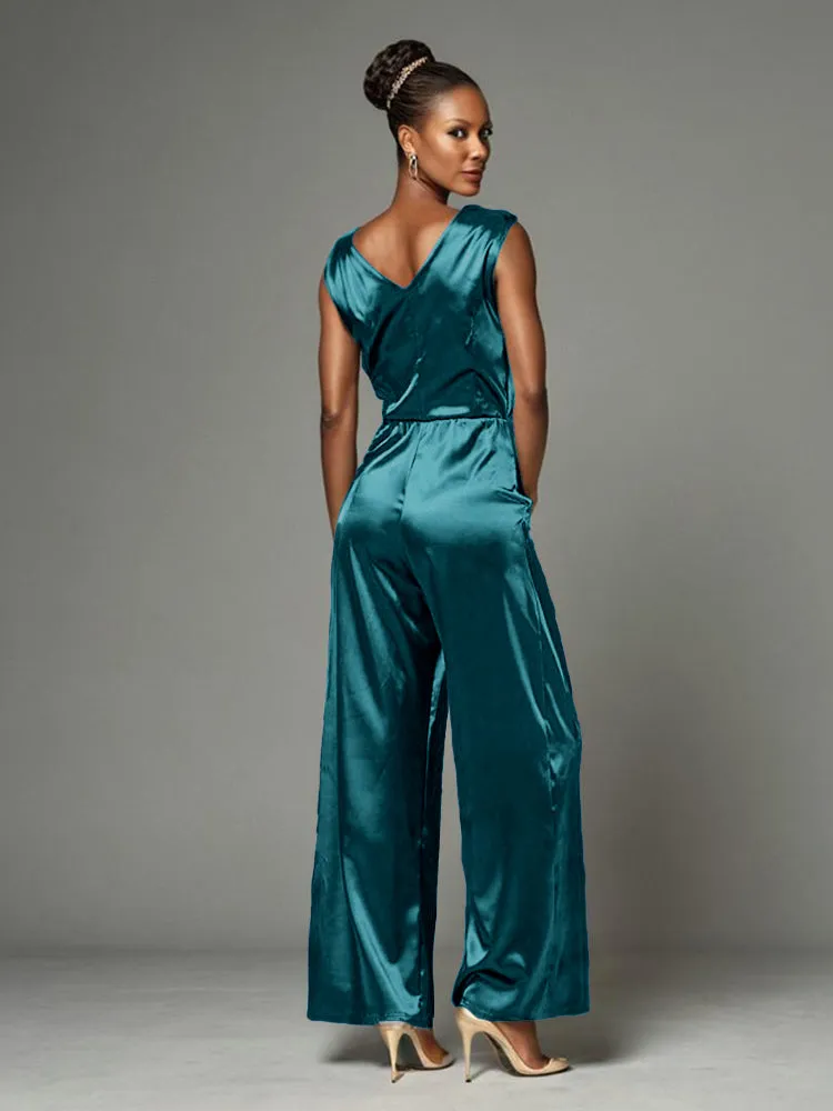Jumpsuit/Pantsuit V-Neck Soft Satin Mother Of The Bride Dress Pants Suits