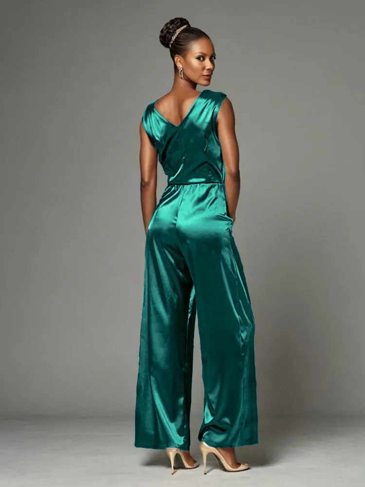 Jumpsuit/Pantsuit V-Neck Soft Satin Mother Of The Bride Dress Pants Suits