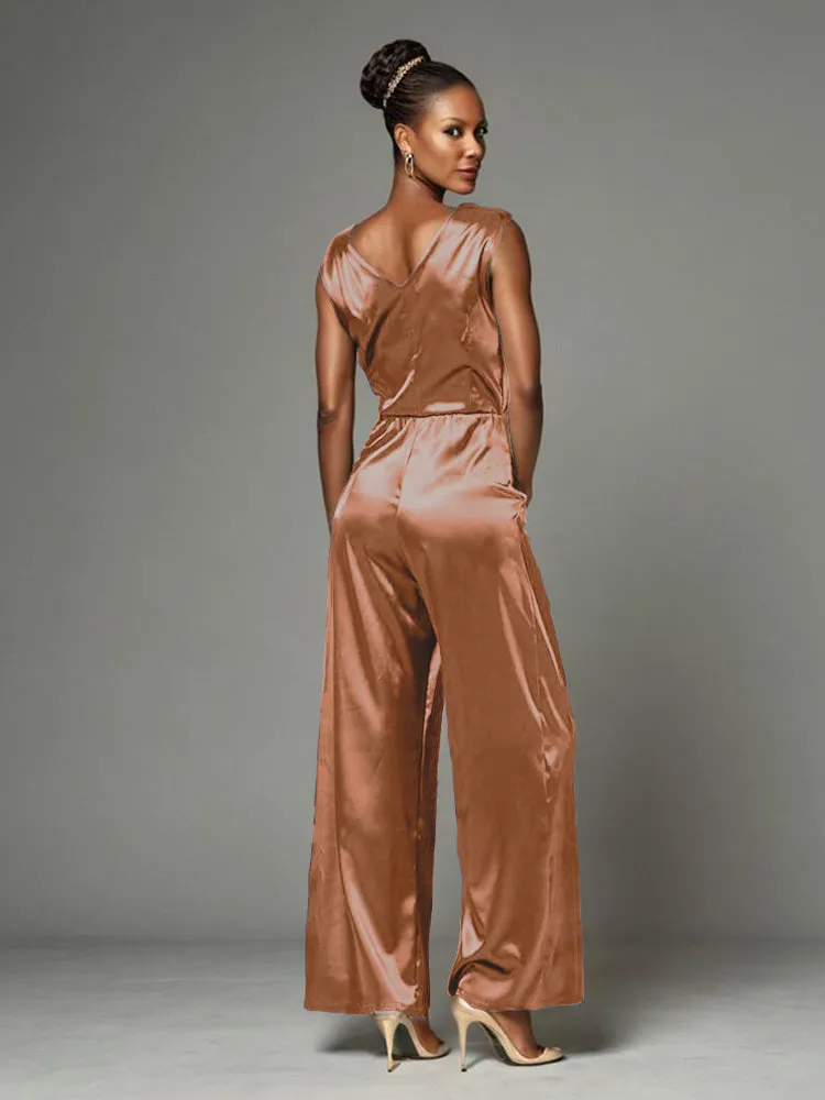 Jumpsuit/Pantsuit V-Neck Soft Satin Mother Of The Bride Dress Pants Suits