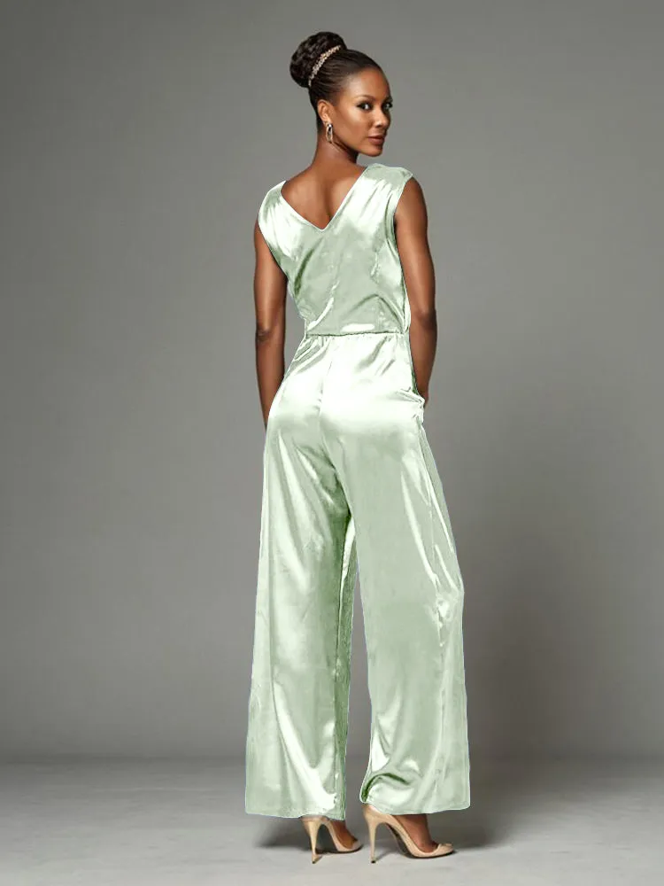 Jumpsuit/Pantsuit V-Neck Soft Satin Mother Of The Bride Dress Pants Suits