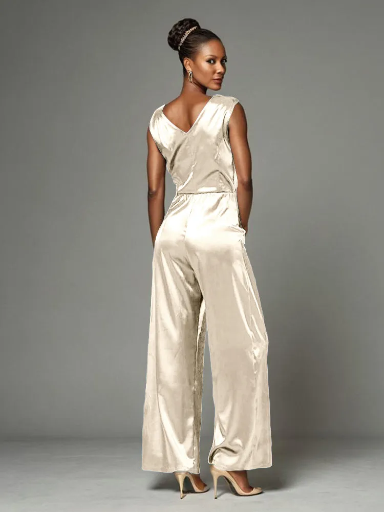 Jumpsuit/Pantsuit V-Neck Soft Satin Mother Of The Bride Dress Pants Suits