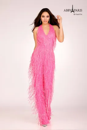 Lucci Lu 92107 Size 6 Fuchsia Long Beaded Fringe Halter Jumpsuit Prom Pageant Formal Fun Fashion V Neck