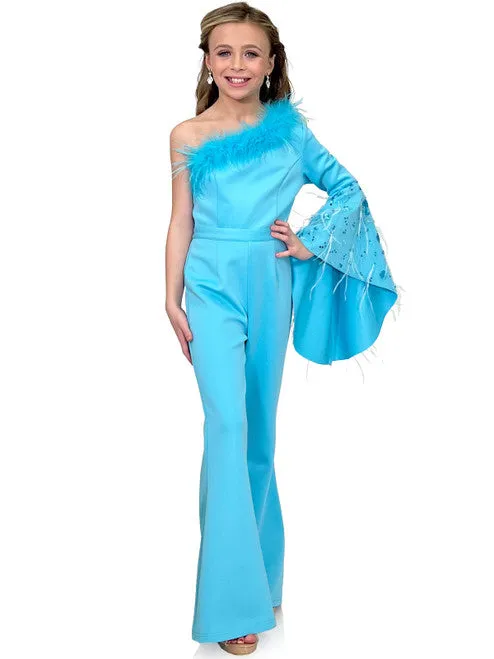 Marc Defang 8222K Size 4 Red Girls Pageant Jumpsuit Feather One Shoulder Long Bell Sleeve Formal Wear Scuba