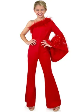 Marc Defang 8222K Size 4 Red Girls Pageant Jumpsuit Feather One Shoulder Long Bell Sleeve Formal Wear Scuba