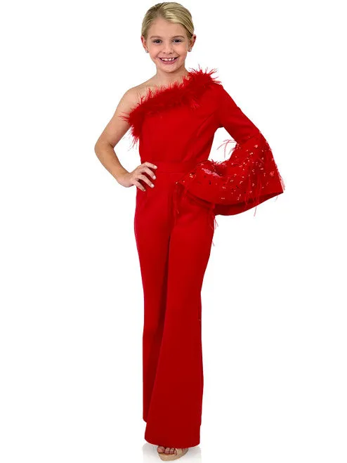 Marc Defang 8222K Size 4 Red Girls Pageant Jumpsuit Feather One Shoulder Long Bell Sleeve Formal Wear Scuba