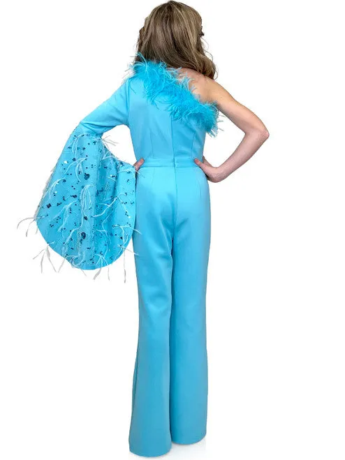 Marc Defang 8222K Size 4 Red Girls Pageant Jumpsuit Feather One Shoulder Long Bell Sleeve Formal Wear Scuba